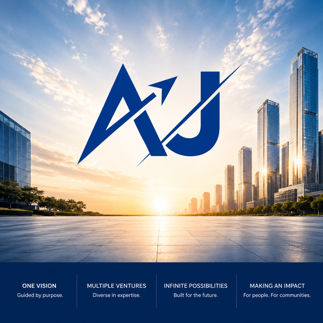 AJ Groups logo over a sunrise city skyline